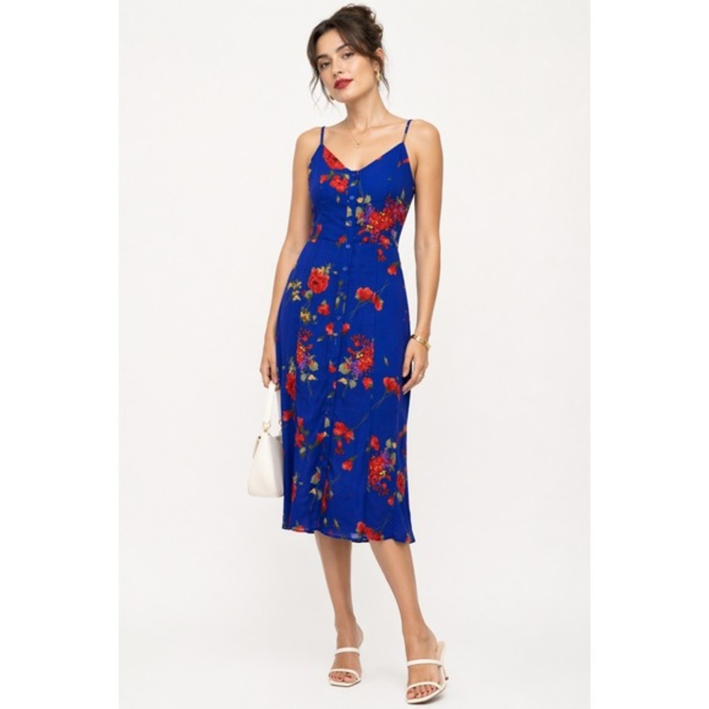 Olivia‎ Grey Floral Midi Dress Blue Poppy Button Front Smocked Back Size M NWT